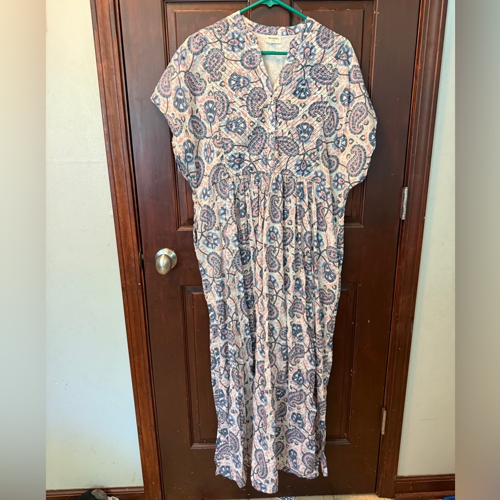 Cost Plus World Market Cream Maxi Dress with Blue Paisley Print
